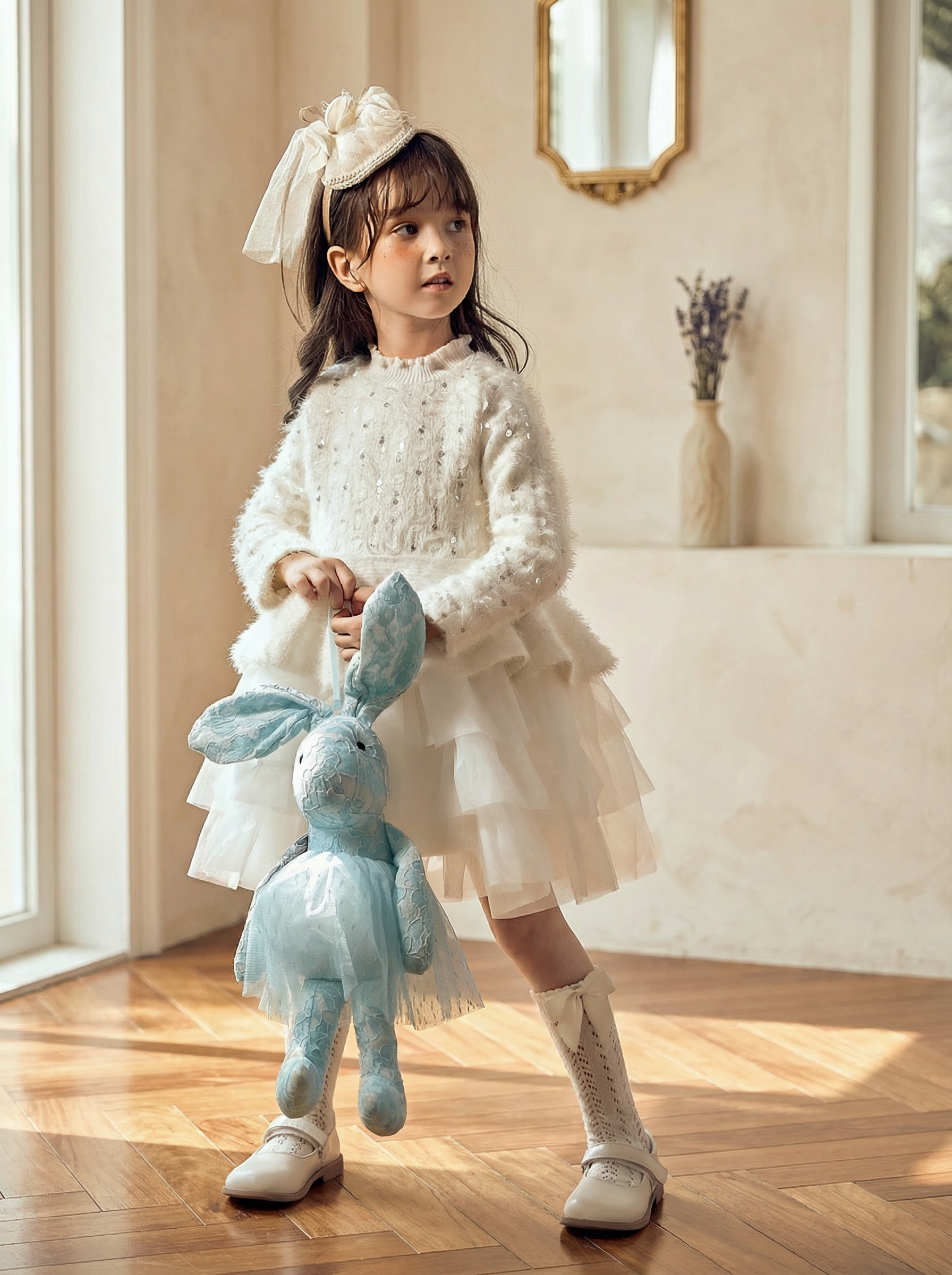 White Sequin Knit Yarn Skirt Princess-Style Girls' Dress 79