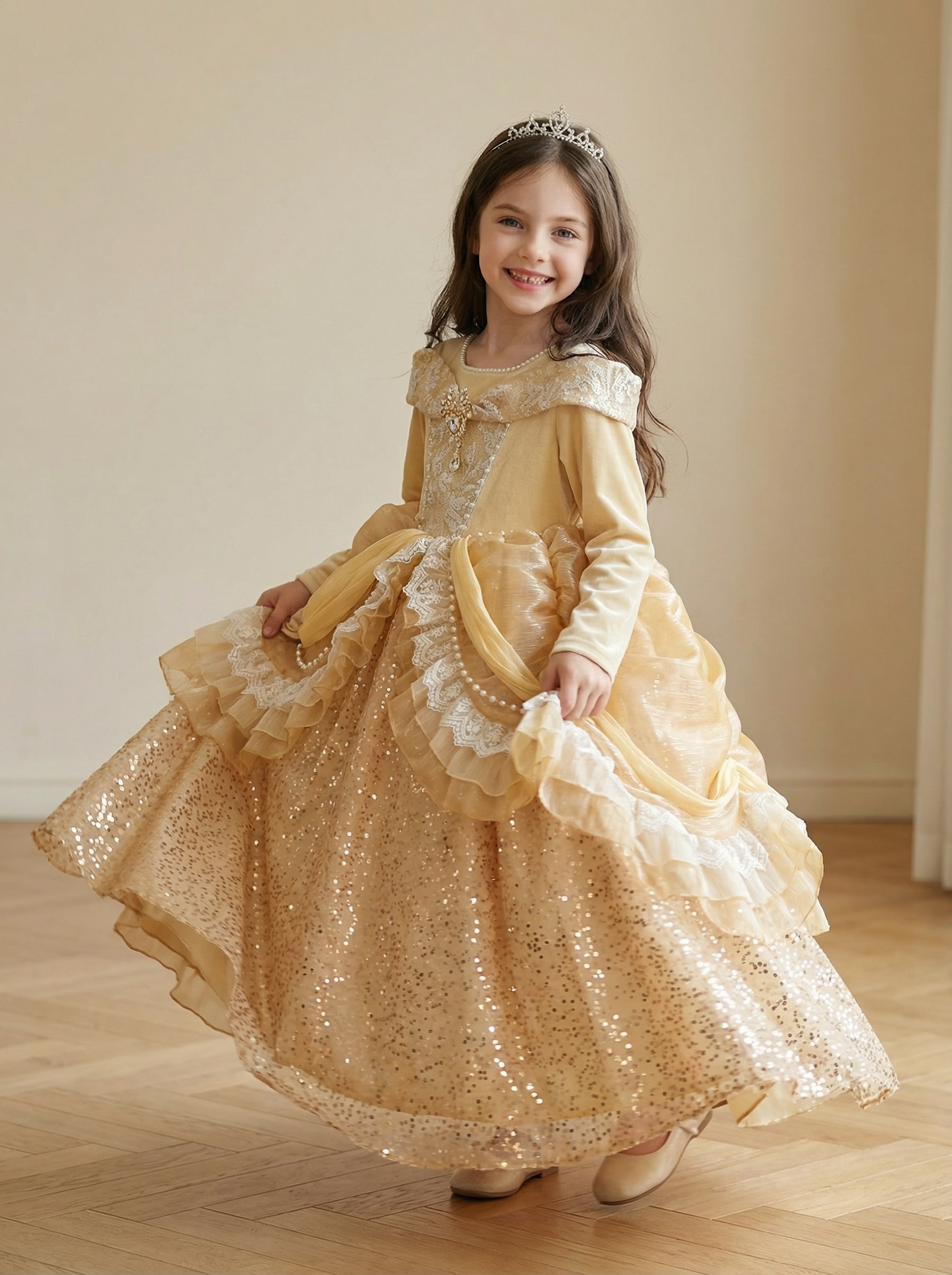 Yellow Belle Princess Dress Children's Long-Sleeve Gorgeous Dress 55