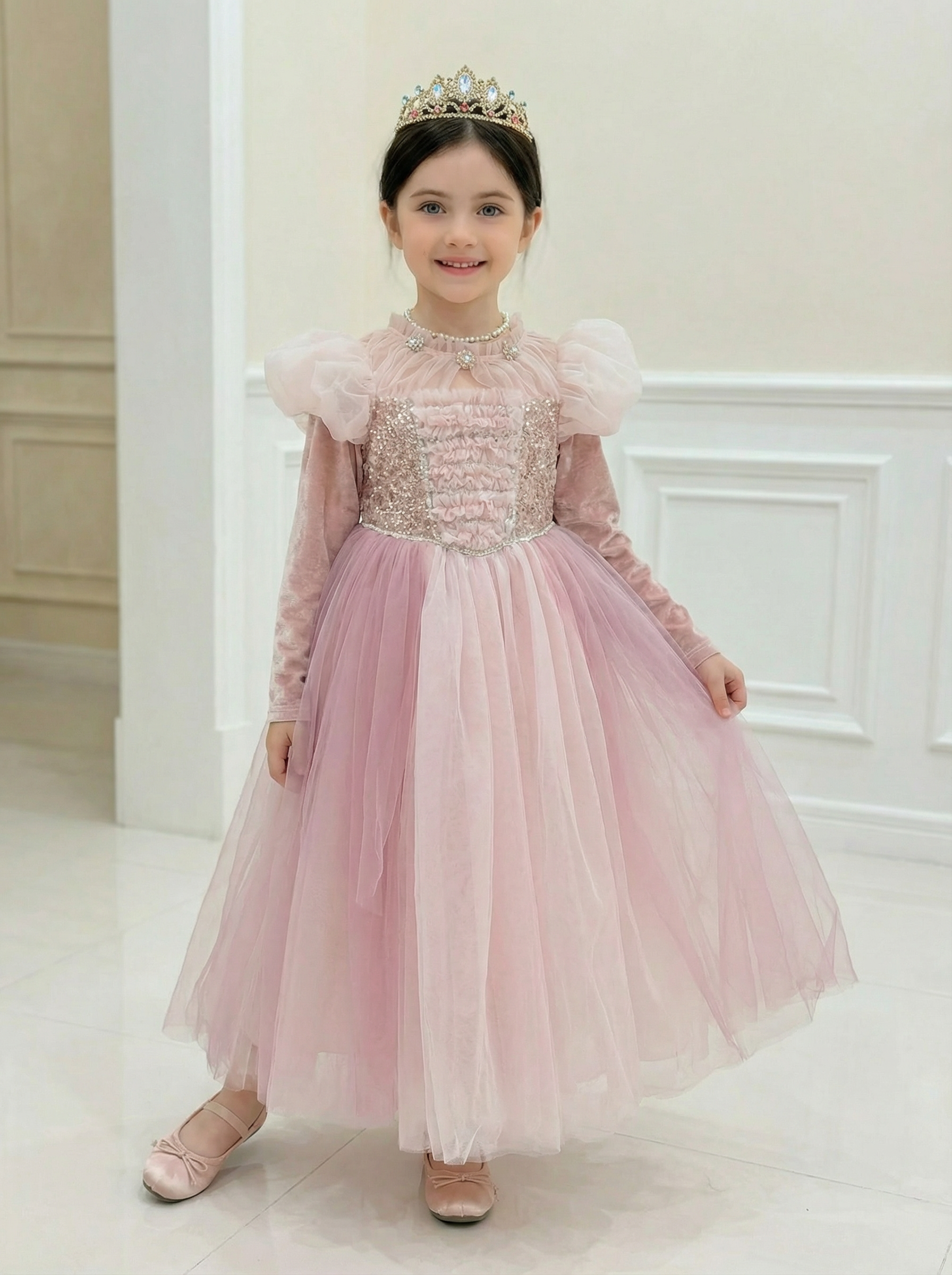 Pink Tulle Long-Sleeve Dress Birthday Gown Long Dress 59