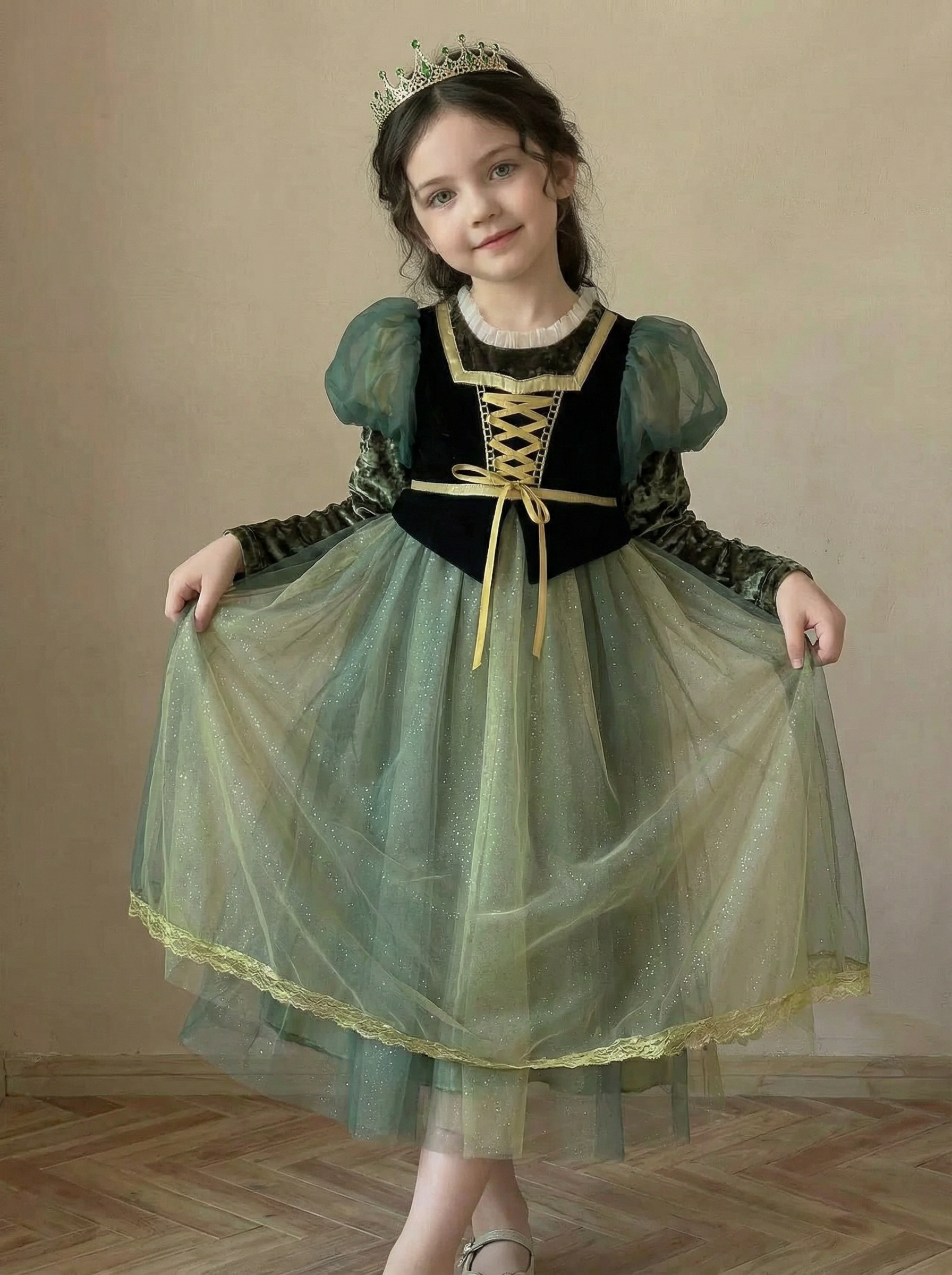 Green Tulle Long-Sleeve Dress for Girls with Elegant Style 58