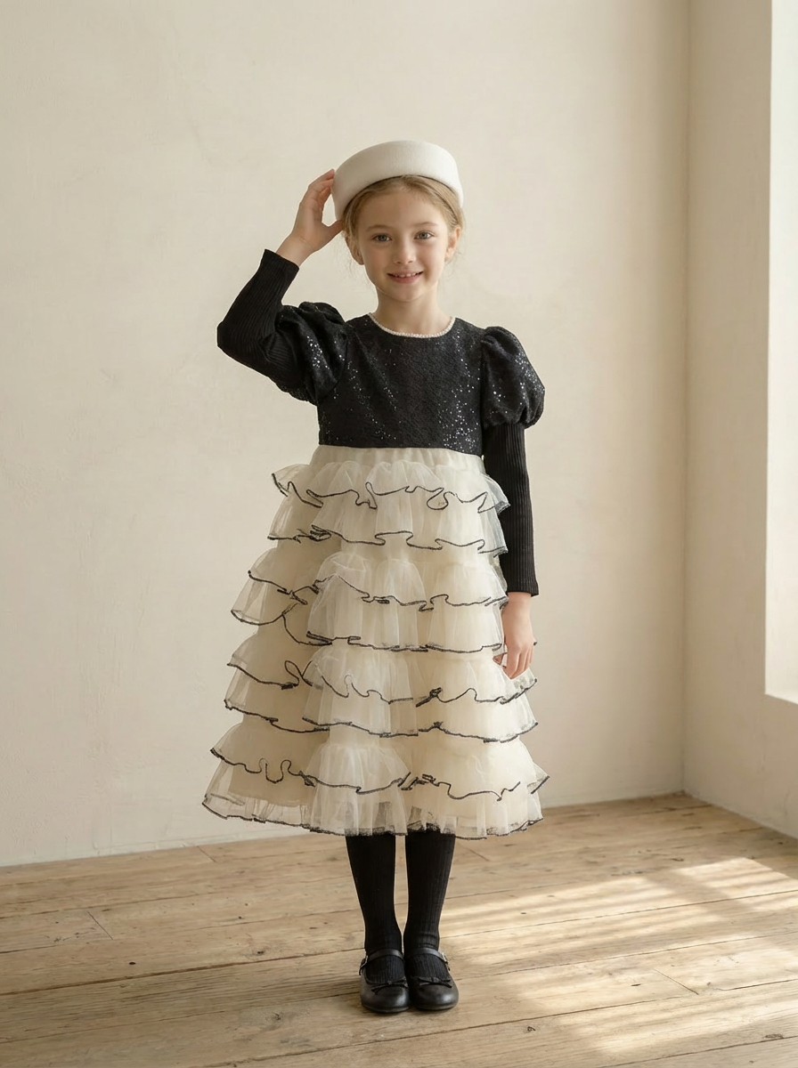 Black and White Sequined Elegant Princess-Style Dress for Girls 82