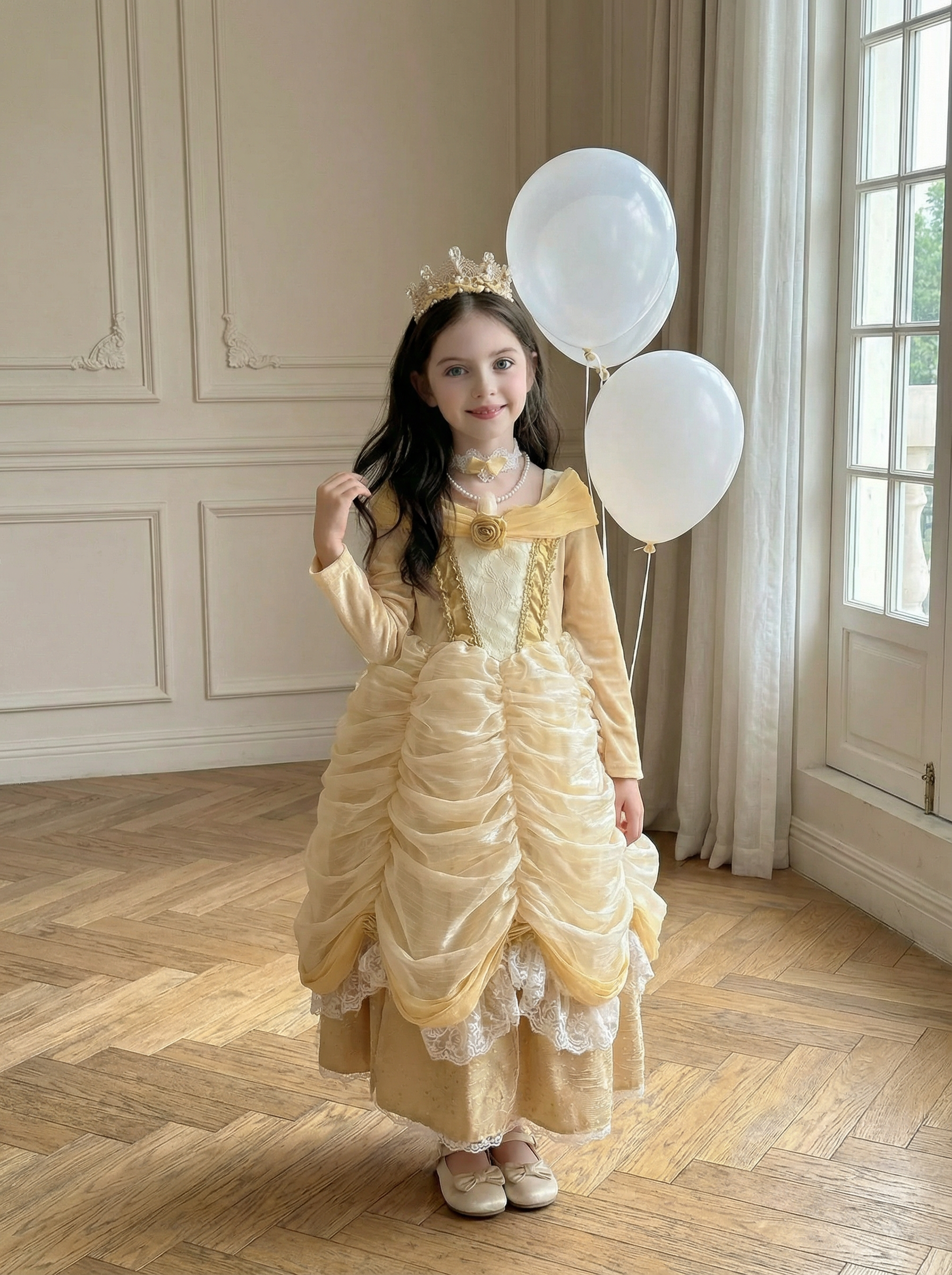 Yellow and Cream Vintage Court-Style Long-Sleeved Dress 60