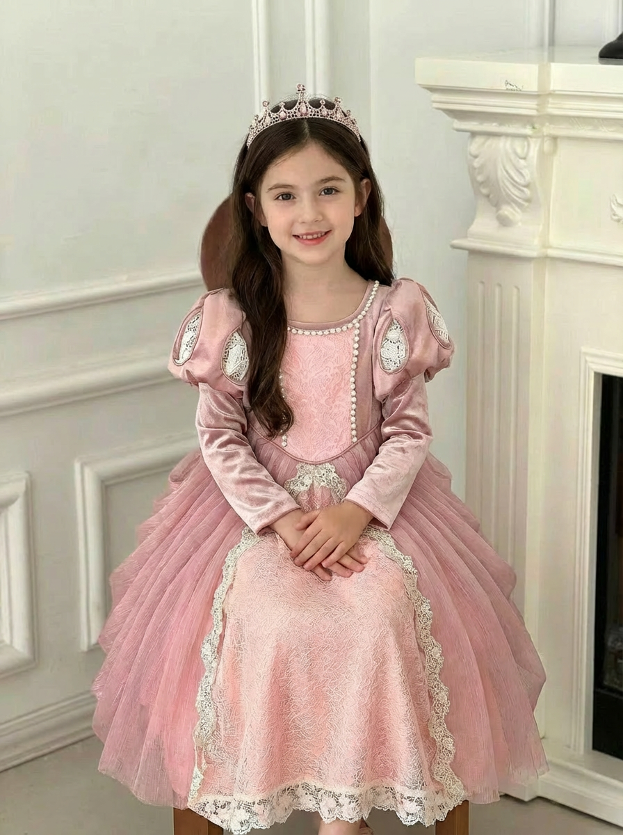 Pink Long-Sleeved Formal Dress for Girls with Puffy Skirt 52