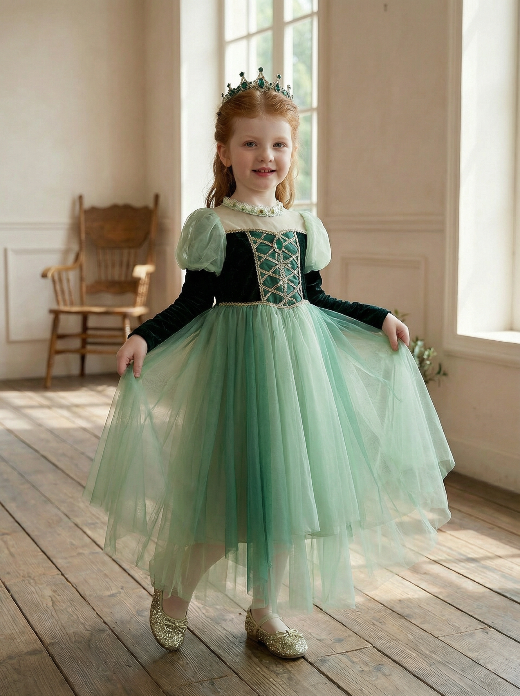 Green Puff-Sleeve Velvet Long-Sleeve Dress 54