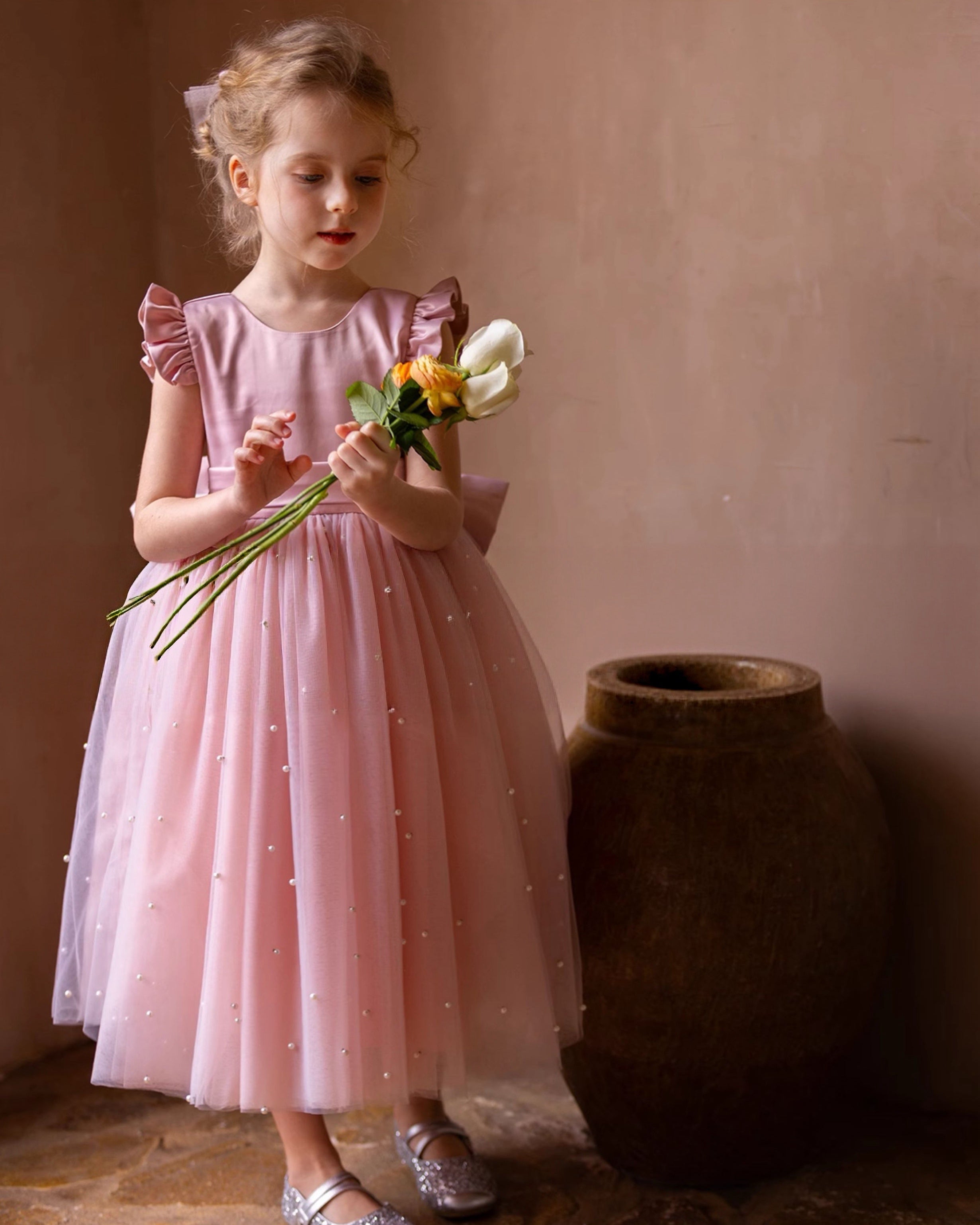 Hand-beaded pink tulle dress 46