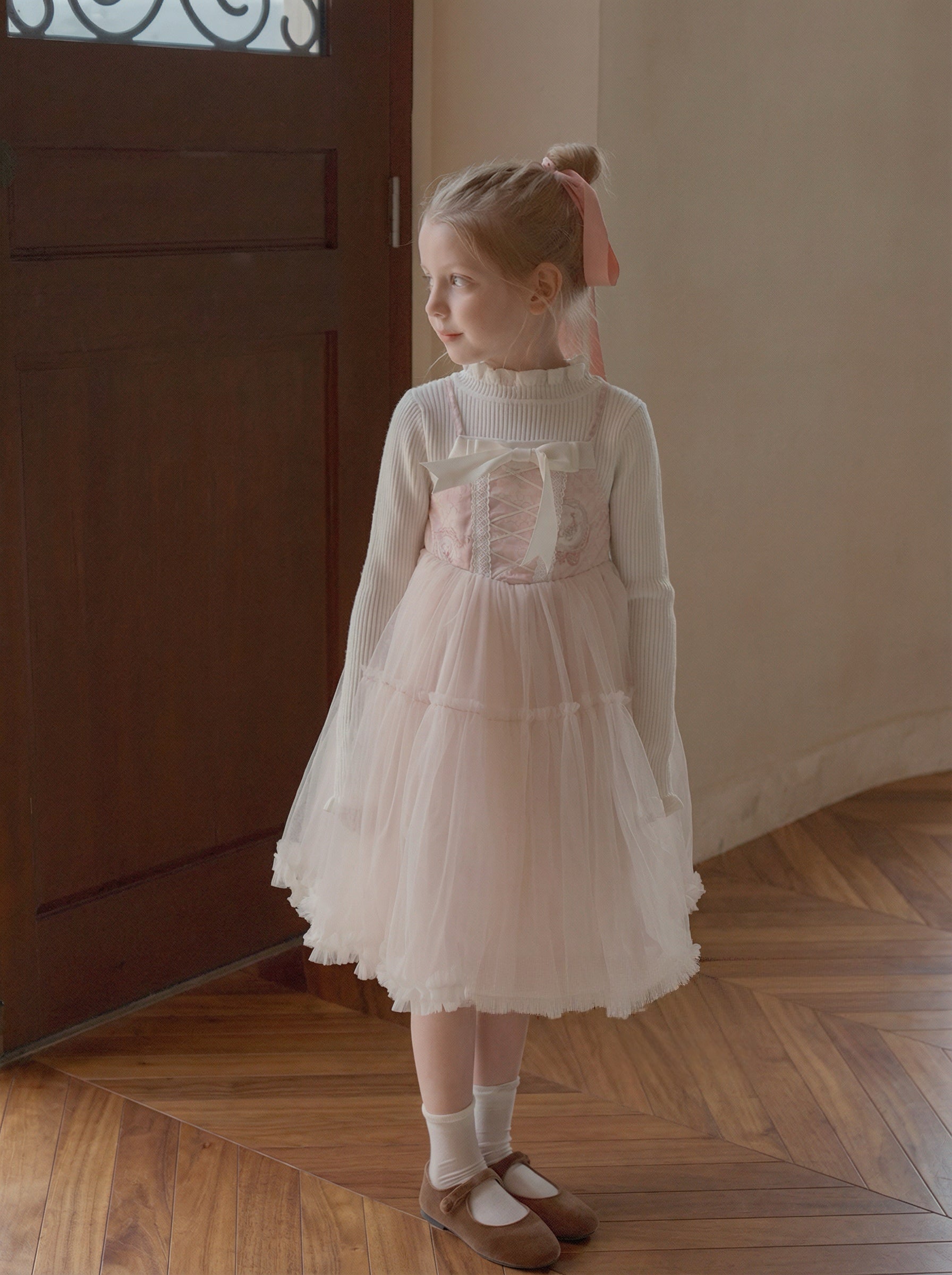 Pink Strapless Mesh Princess Dress with Long Sleeves 64