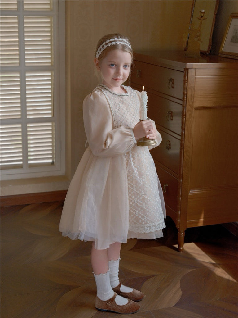 French Lace Lady Beige Dress with Long Sleeves and Tulle Skirt 65