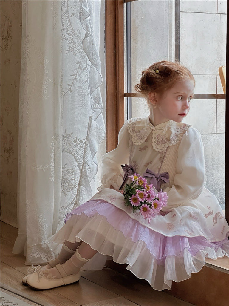 Purple and White Embroidered Peter Pan Collar Floral Lace Princess Dress 72