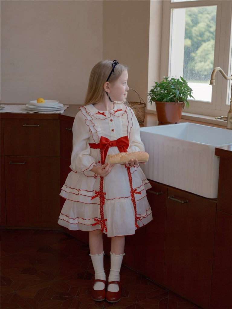 Red and White Lolita Princess Dress with Stylish Long Sleeves 74